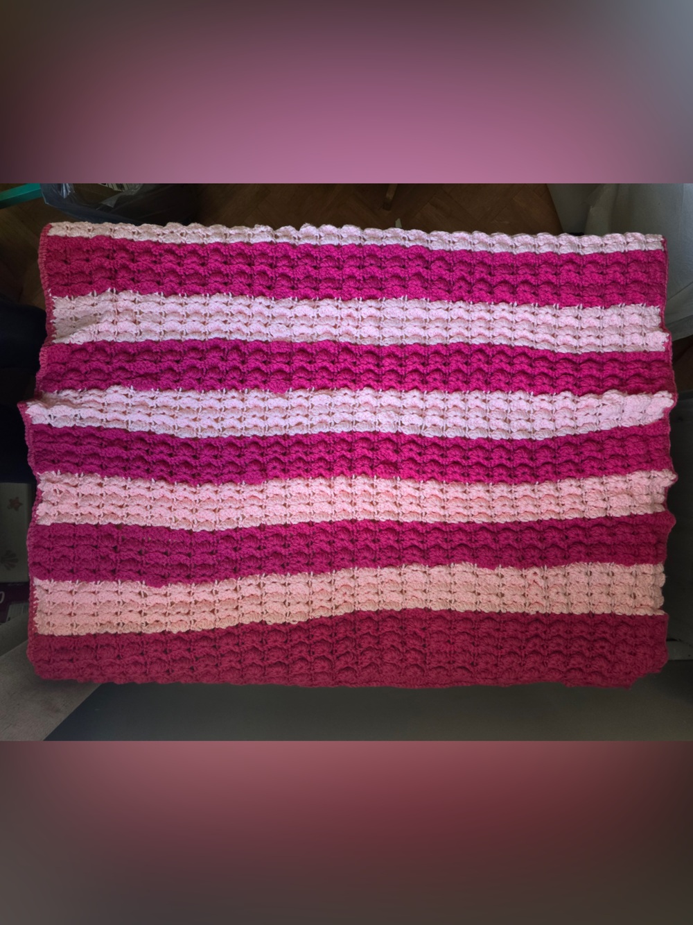 Vintage Handmade Crochet Girl Pink Stripe Baby Blanket